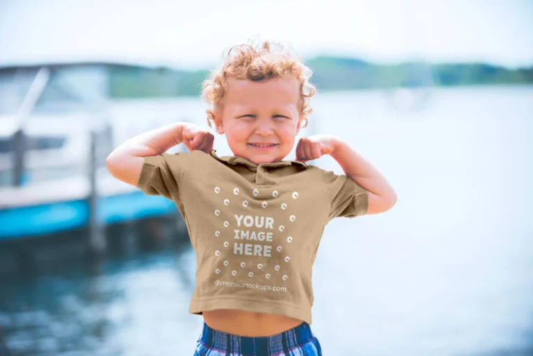 Boy Wearing Beige T-shirt Mockup Front View Template