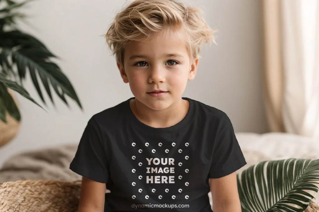 Boy Wearing Black T-shirt Mockup Front View Template