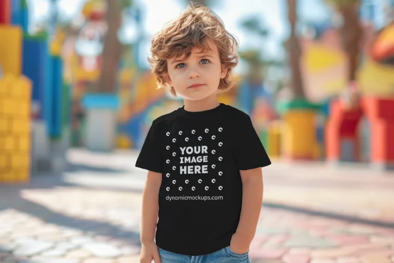 Boy Wearing Black T-shirt Mockup Front View Template