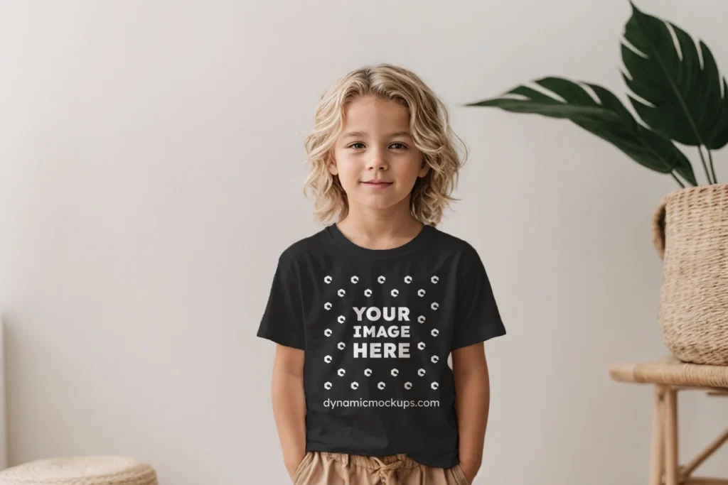 Boy Wearing Black T-shirt Mockup Front View Template