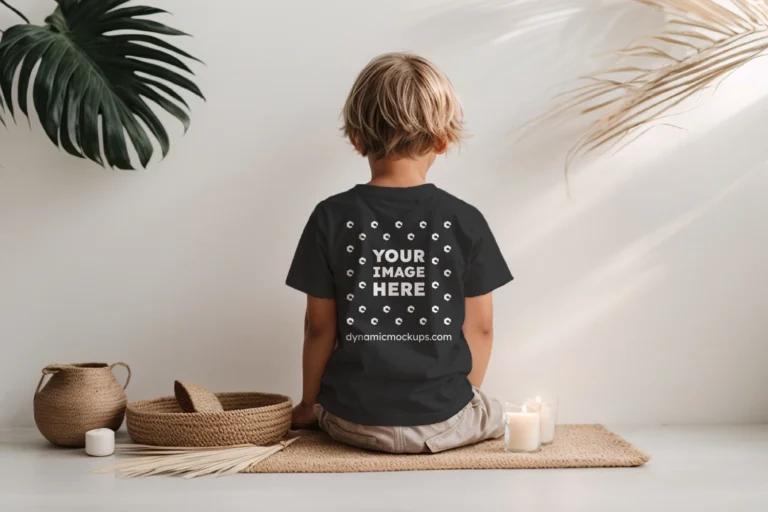 Boy Wearing Black T-shirt Mockup Back View Template