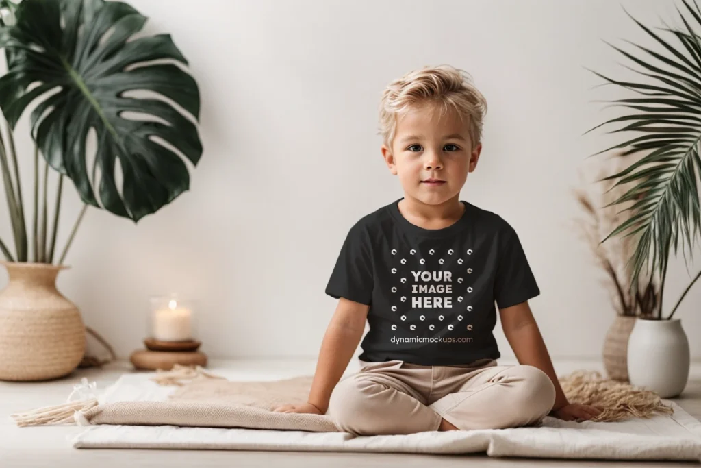 Boy Wearing Black T-shirt Mockup Front View Template