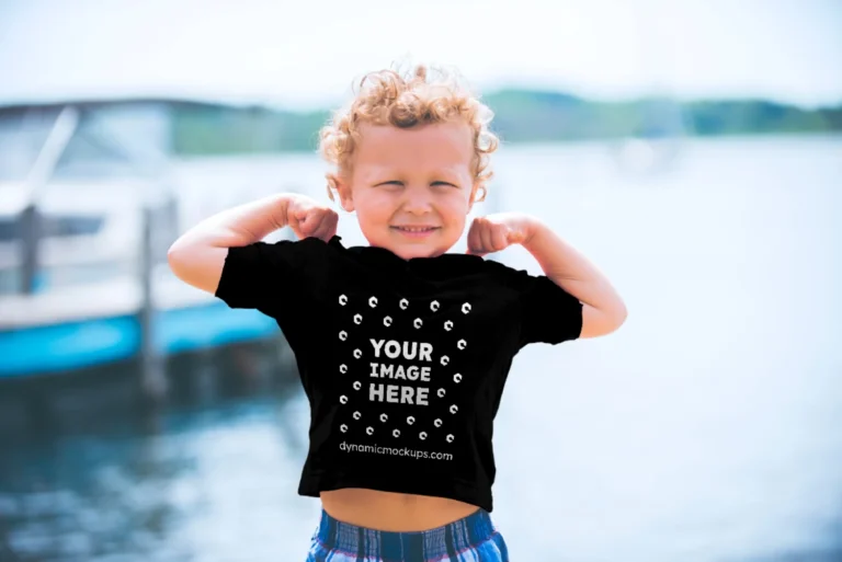 Boy Wearing Black T-shirt Mockup Front View Template