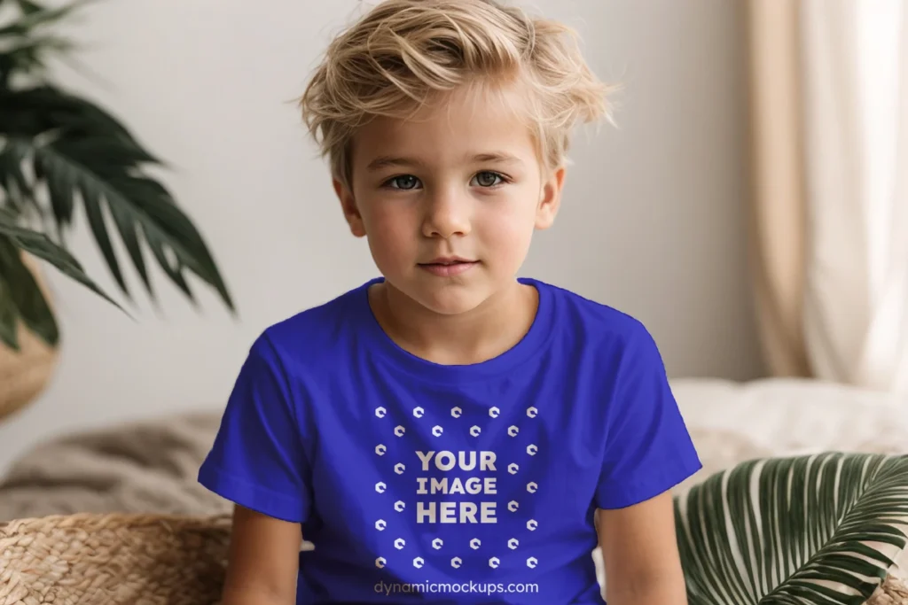 Boy Wearing Blue T-shirt Mockup Front View Template