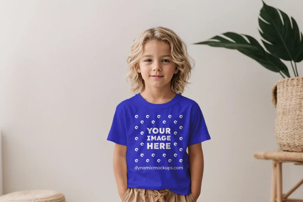 Boy Wearing Blue T-shirt Mockup Front View Template