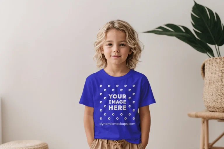 Boy Wearing Blue T-shirt Mockup Front View Template