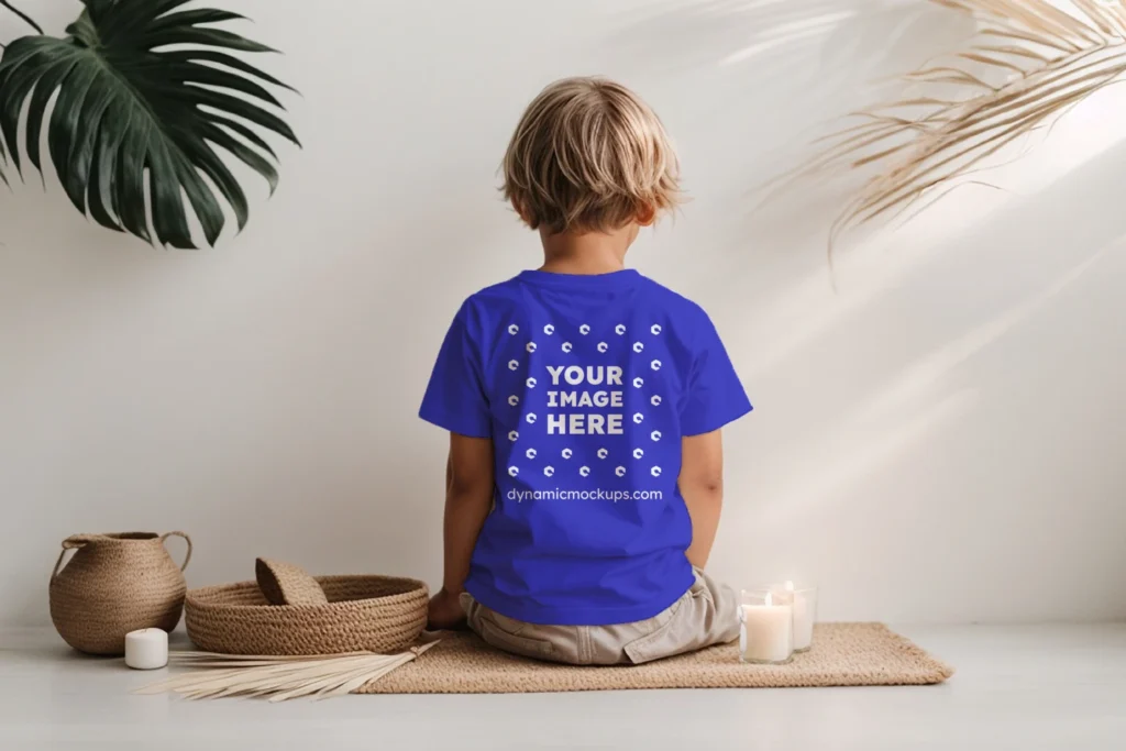 Boy Wearing Blue T-shirt Mockup Back View Template