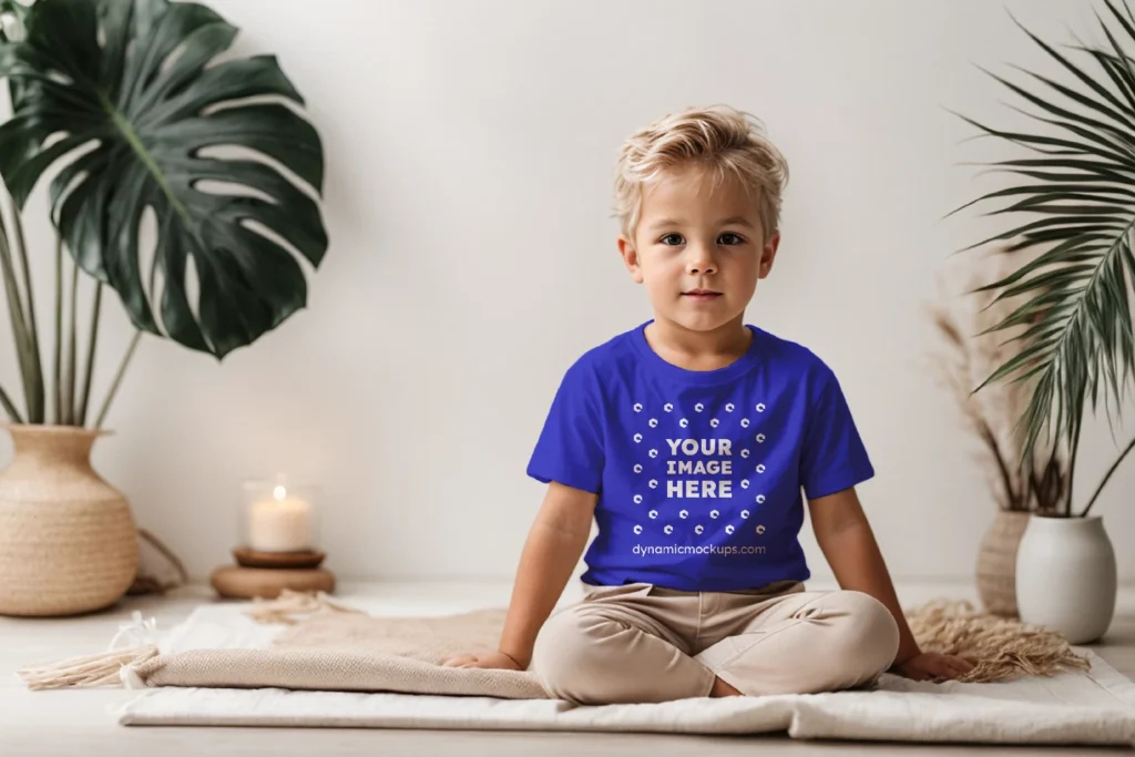 Boy Wearing Blue T-shirt Mockup Front View Template