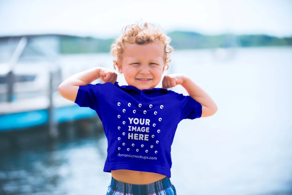 Boy Wearing Blue T-shirt Mockup Front View Template