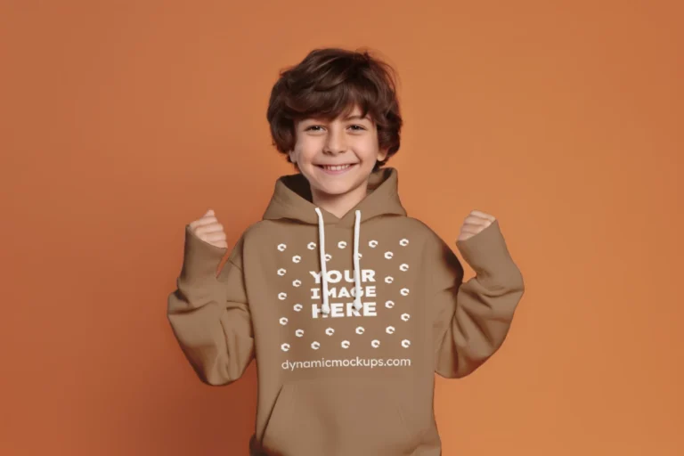 Boy Wearing Brown Hoodie Mockup Front View Template