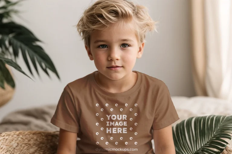 Boy Wearing Brown T-shirt Mockup Front View Template