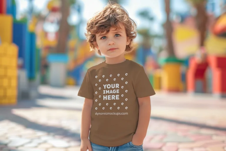 Boy Wearing Brown T-shirt Mockup Front View Template