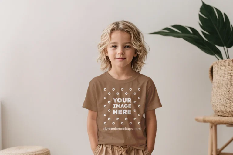 Boy Wearing Brown T-shirt Mockup Front View Template