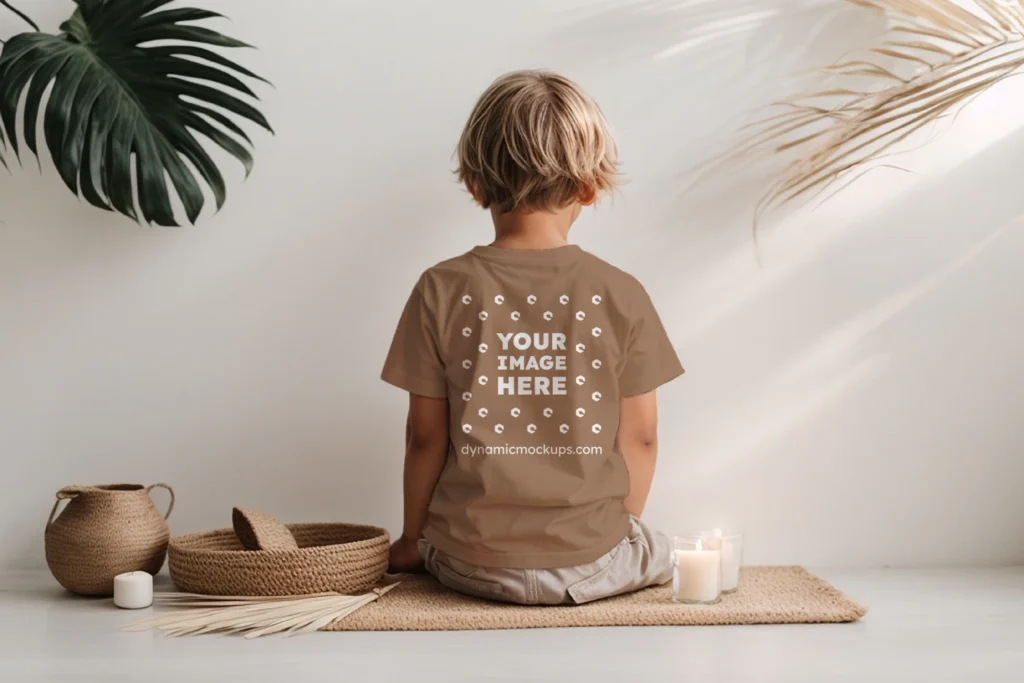 Boy Wearing Brown T-shirt Mockup Back View Template