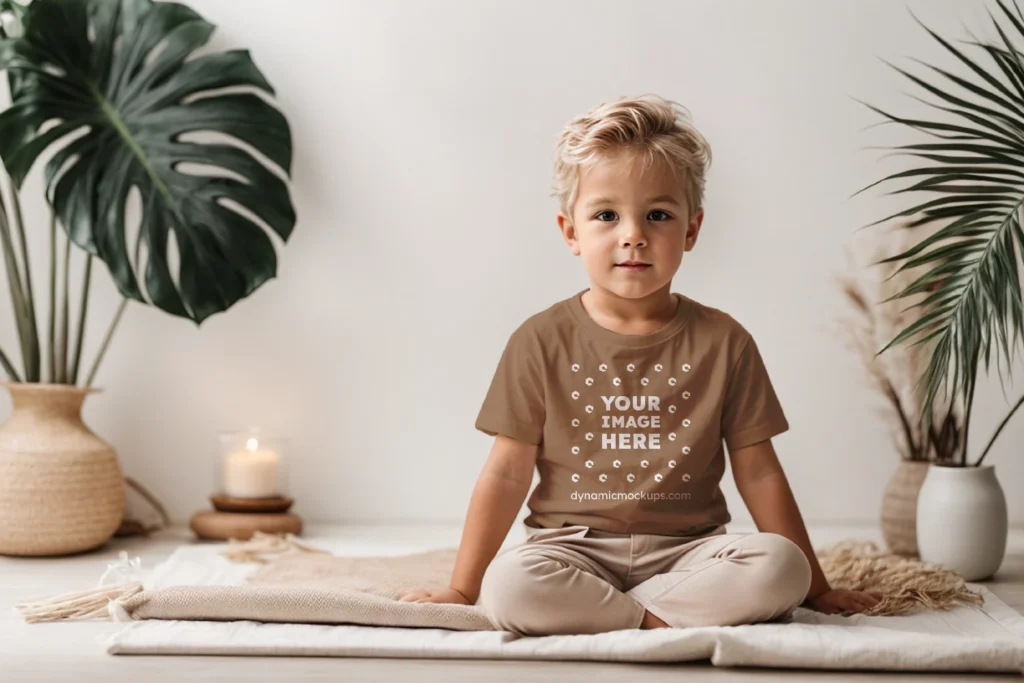 Boy Wearing Brown T-shirt Mockup Front View Template