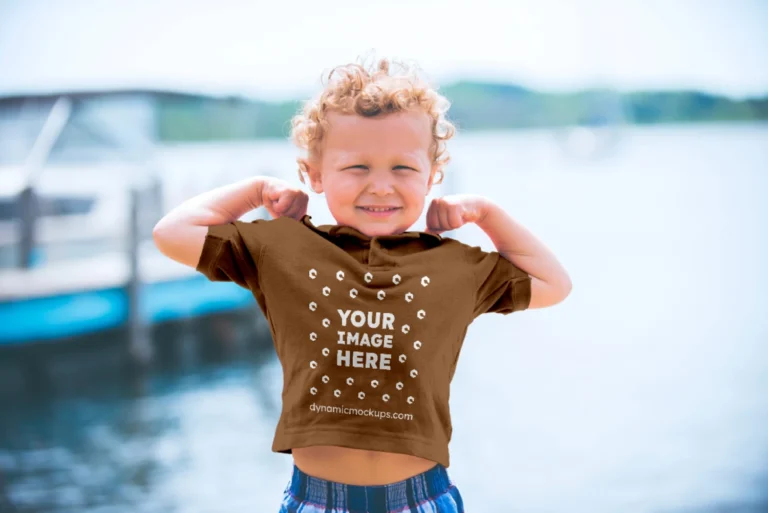 Boy Wearing Brown T-shirt Mockup Front View Template