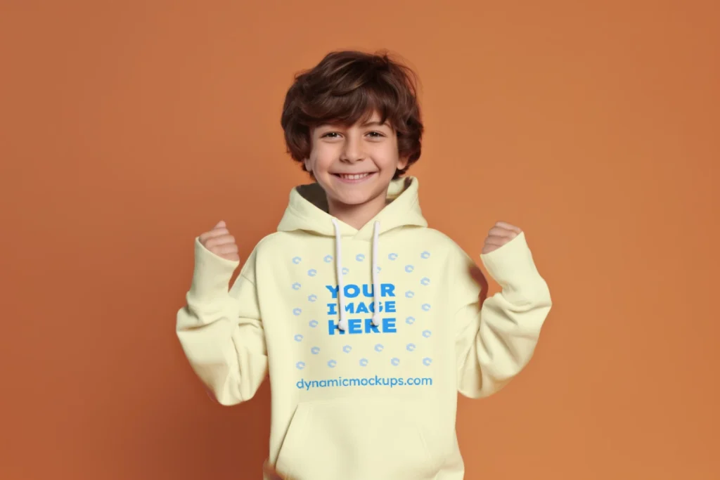 Boy Wearing Cream Hoodie Mockup Front View Template