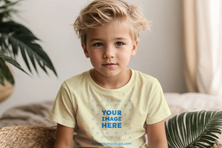 Boy Wearing Cream T-shirt Mockup Front View Template