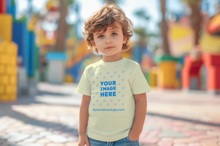 Boy Wearing Cream T-shirt Mockup Front View Template