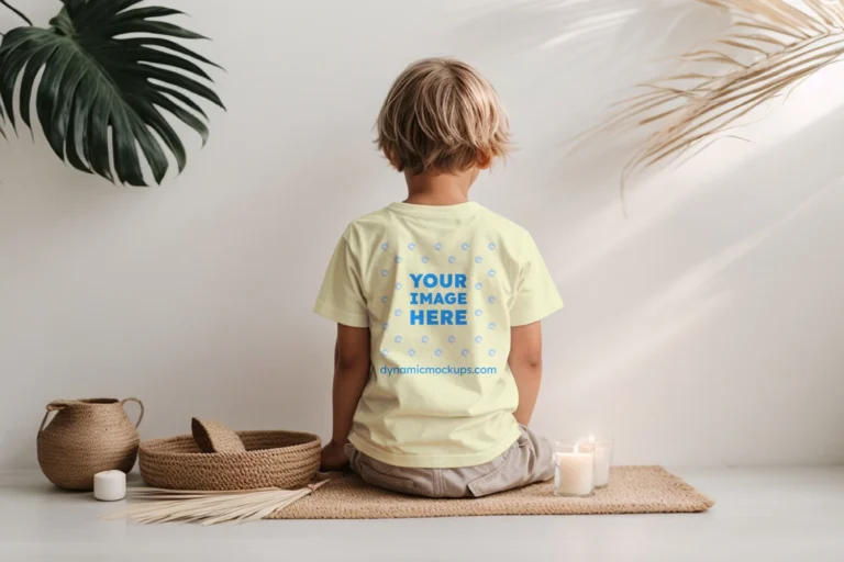 Boy Wearing Cream T-shirt Mockup Back View Template