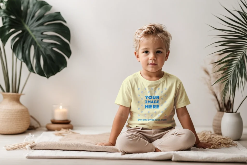 Boy Wearing Cream T-shirt Mockup Front View Template