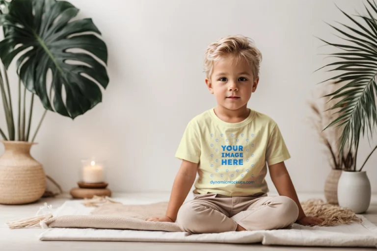 Boy Wearing Cream T-shirt Mockup Front View Template