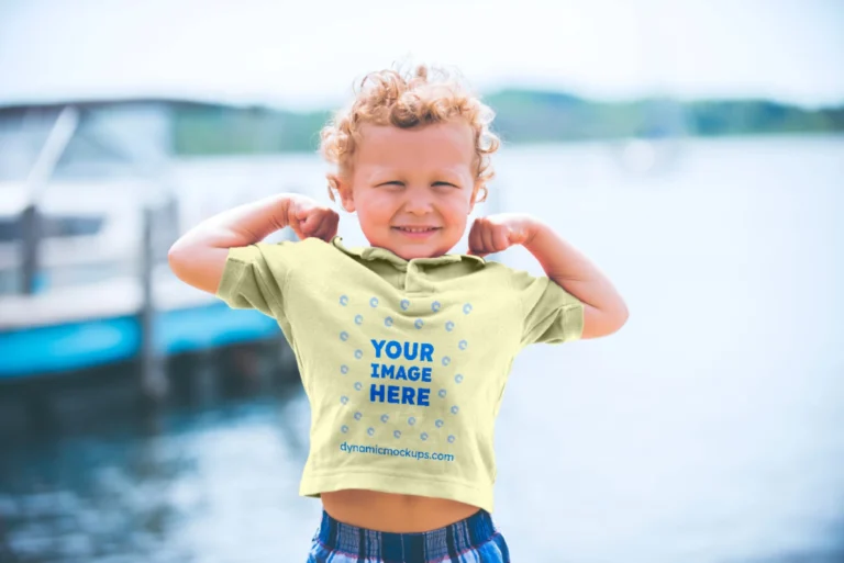 Boy Wearing Cream T-shirt Mockup Front View Template