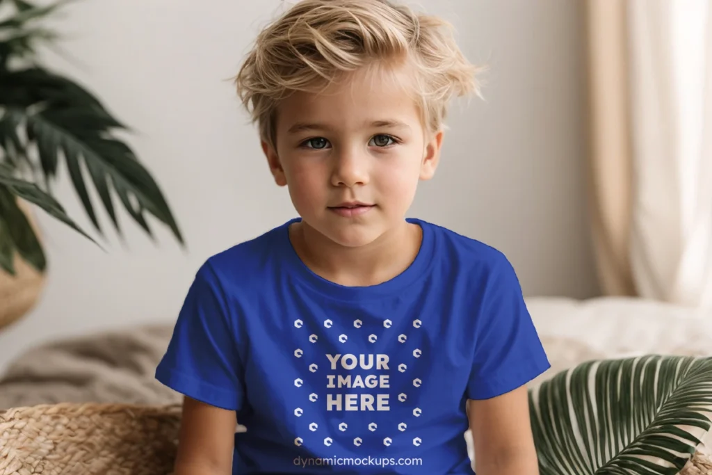 Boy Wearing Dark Blue T-shirt Mockup Front View Template