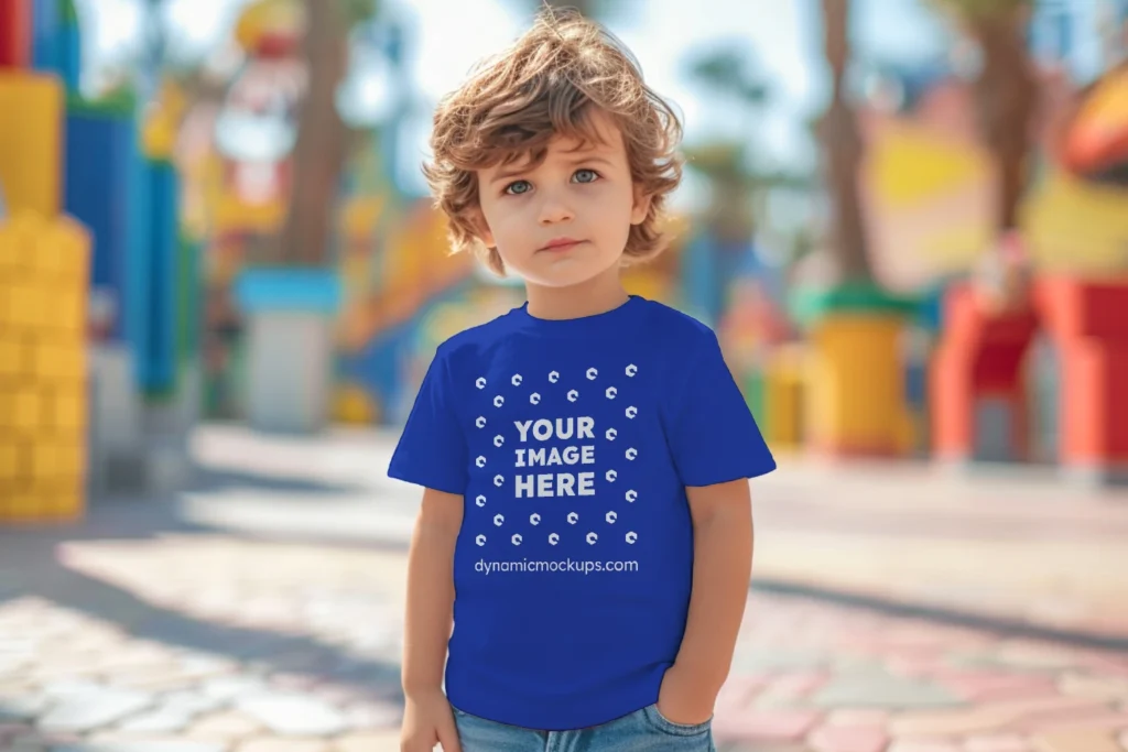 Boy Wearing Dark Blue T-shirt Mockup Front View Template