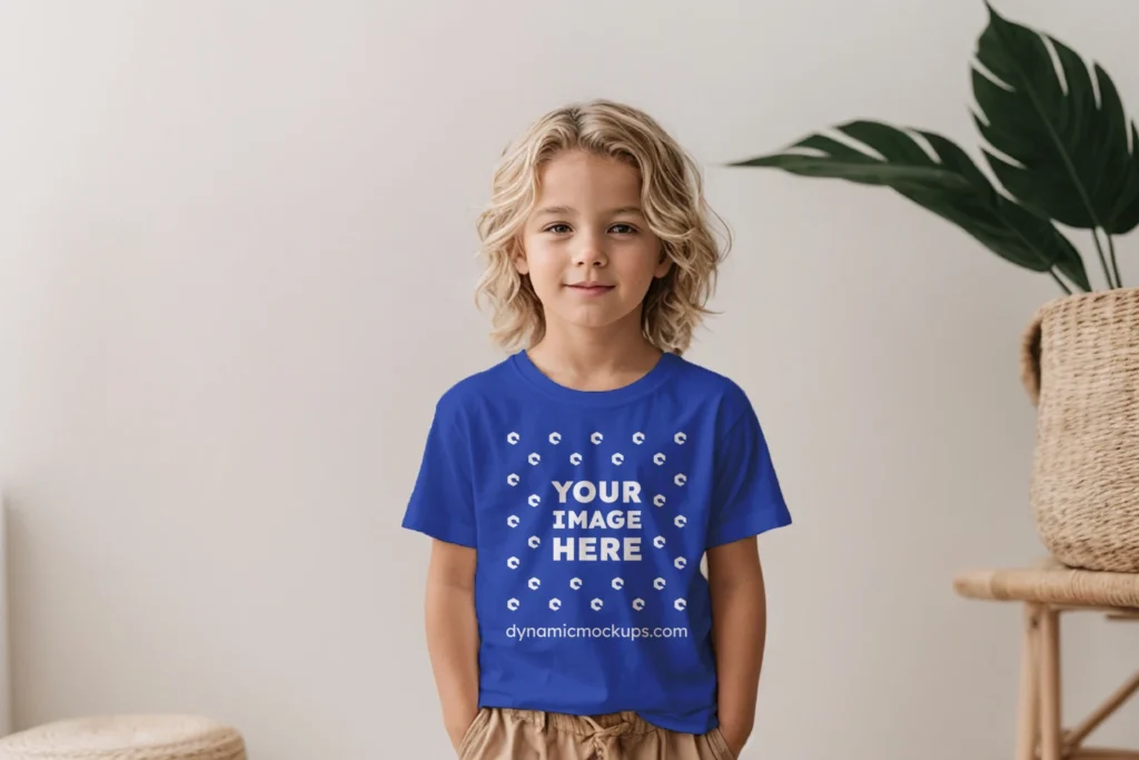 Boy Wearing Dark Blue T-shirt Mockup Front View Template