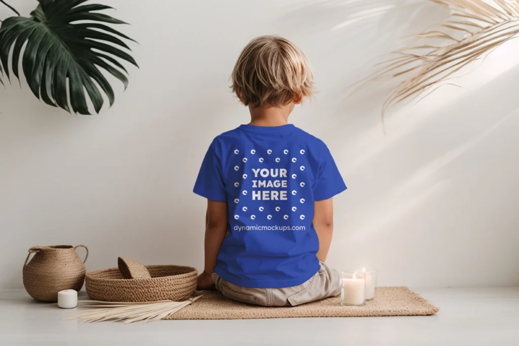 Boy Wearing Dark Blue T-shirt Mockup Back View Template