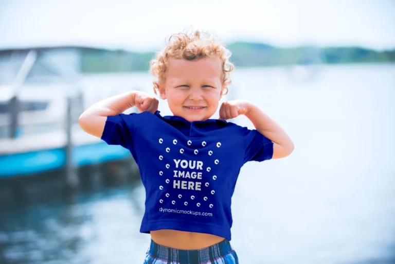 Boy Wearing Dark Blue T-shirt Mockup Front View Template