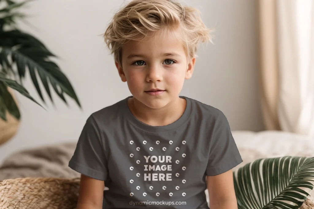 Boy Wearing Dark Gray T-shirt Mockup Front View Template