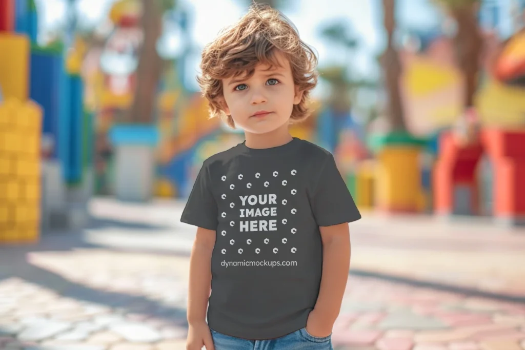 Boy Wearing Dark Gray T-shirt Mockup Front View Template