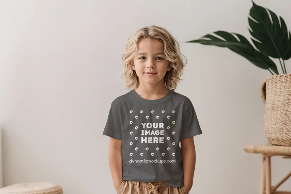 Boy Wearing Dark Gray T-shirt Mockup Front View Template