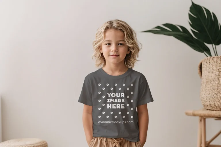 Boy Wearing Dark Gray T-shirt Mockup Front View Template