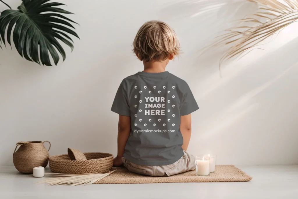 Boy Wearing Dark Gray T-shirt Mockup Back View Template