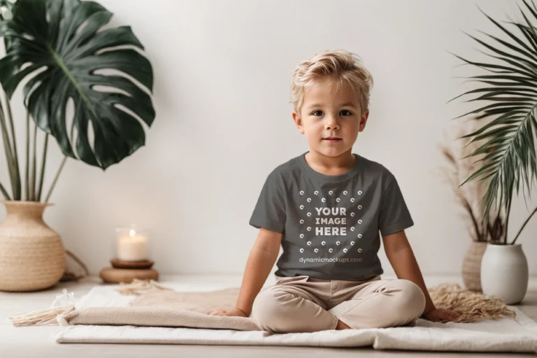 Boy Wearing Dark Gray T-shirt Mockup Front View Template