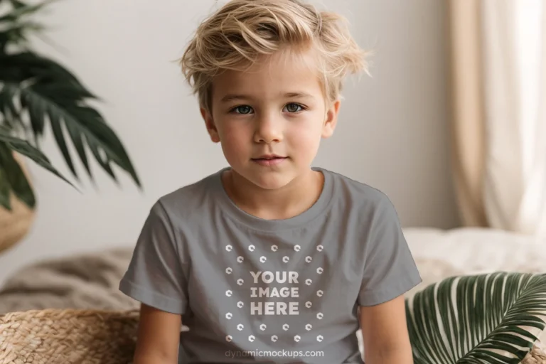 Boy Wearing Gray T-shirt Mockup Front View Template