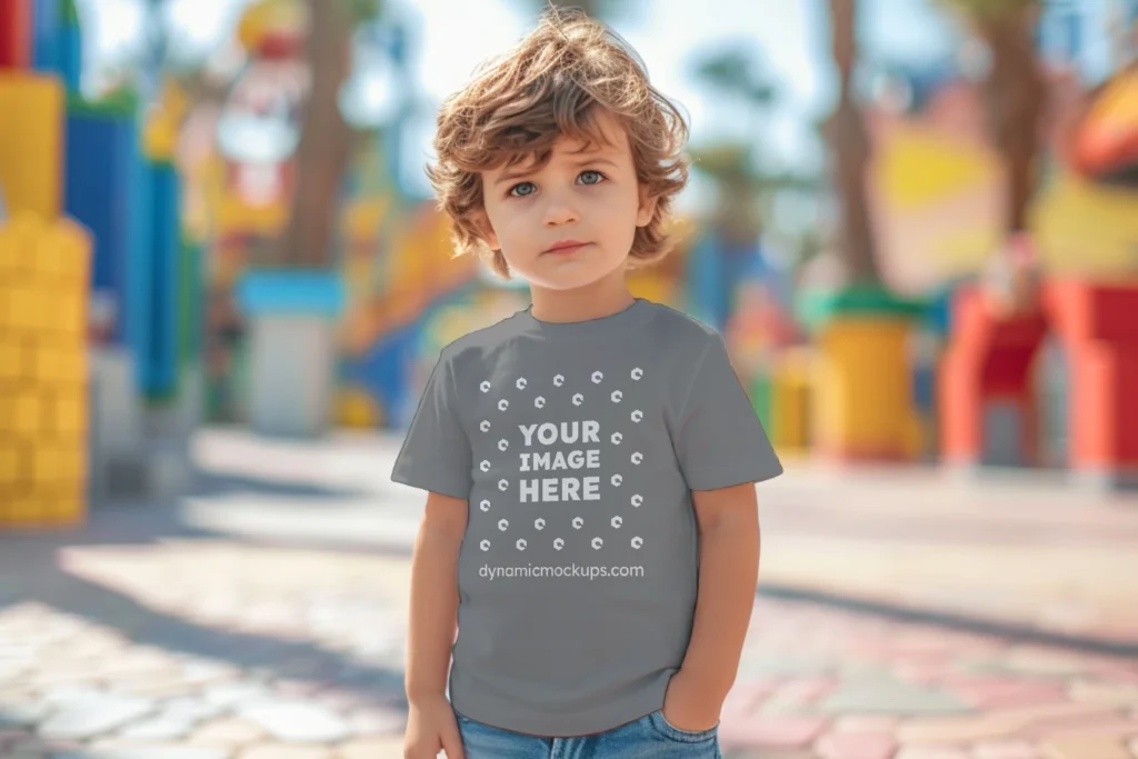 Boy Wearing Gray T-shirt Mockup Front View Template