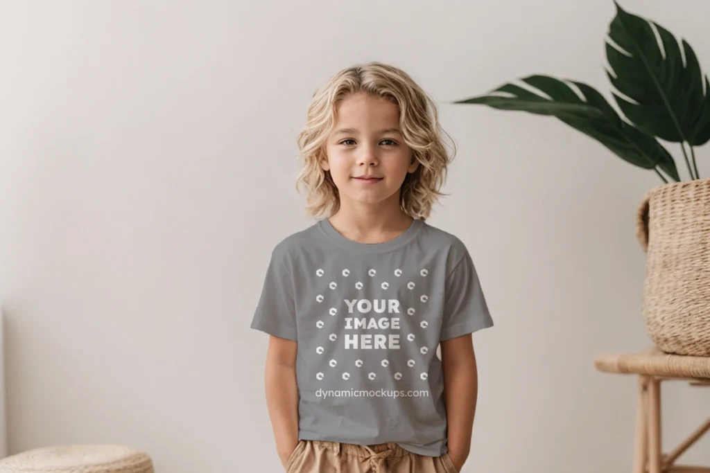 Boy Wearing Gray T-shirt Mockup Front View Template