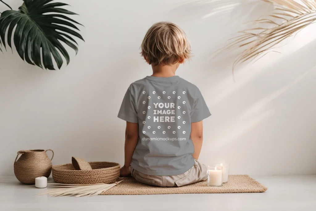 Boy Wearing Gray T-shirt Mockup Back View Template