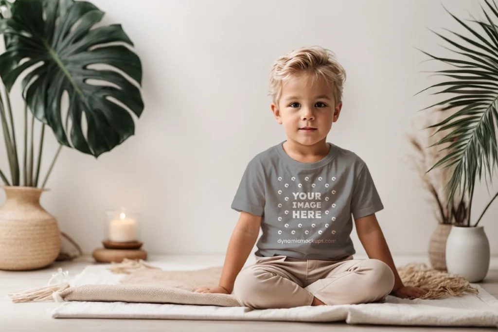 Boy Wearing Gray T-shirt Mockup Front View Template