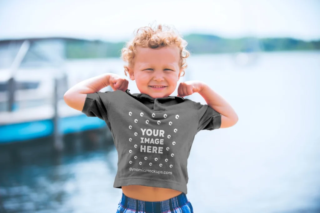 Boy Wearing Gray T-shirt Mockup Front View Template