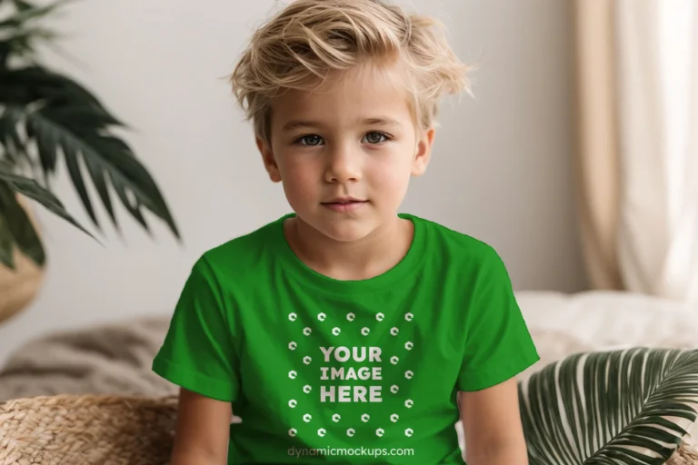 Boy Wearing Green T-shirt Mockup Front View Template