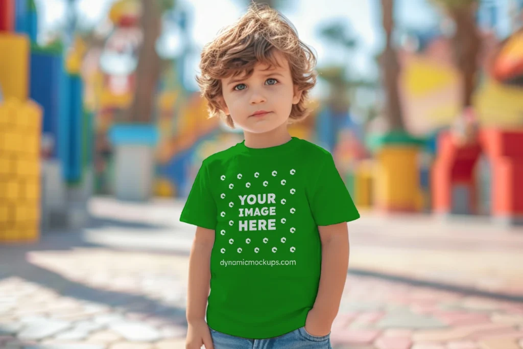 Boy Wearing Green T-shirt Mockup Front View Template