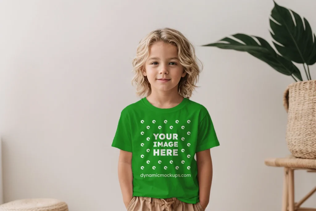 Boy Wearing Green T-shirt Mockup Front View Template