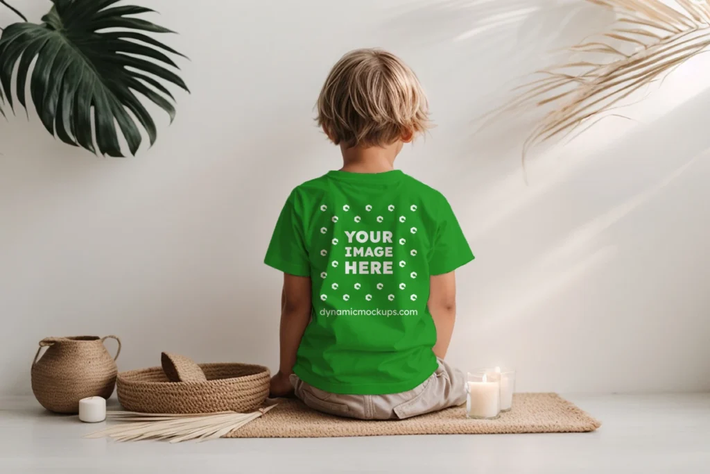 Boy Wearing Green T-shirt Mockup Back View Template