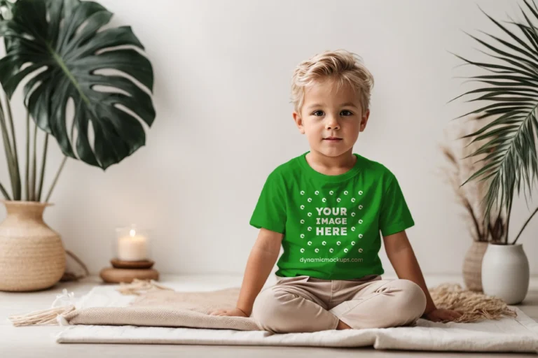 Boy Wearing Green T-shirt Mockup Front View Template