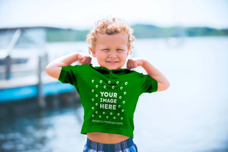 Boy Wearing Green T-shirt Mockup Front View Template